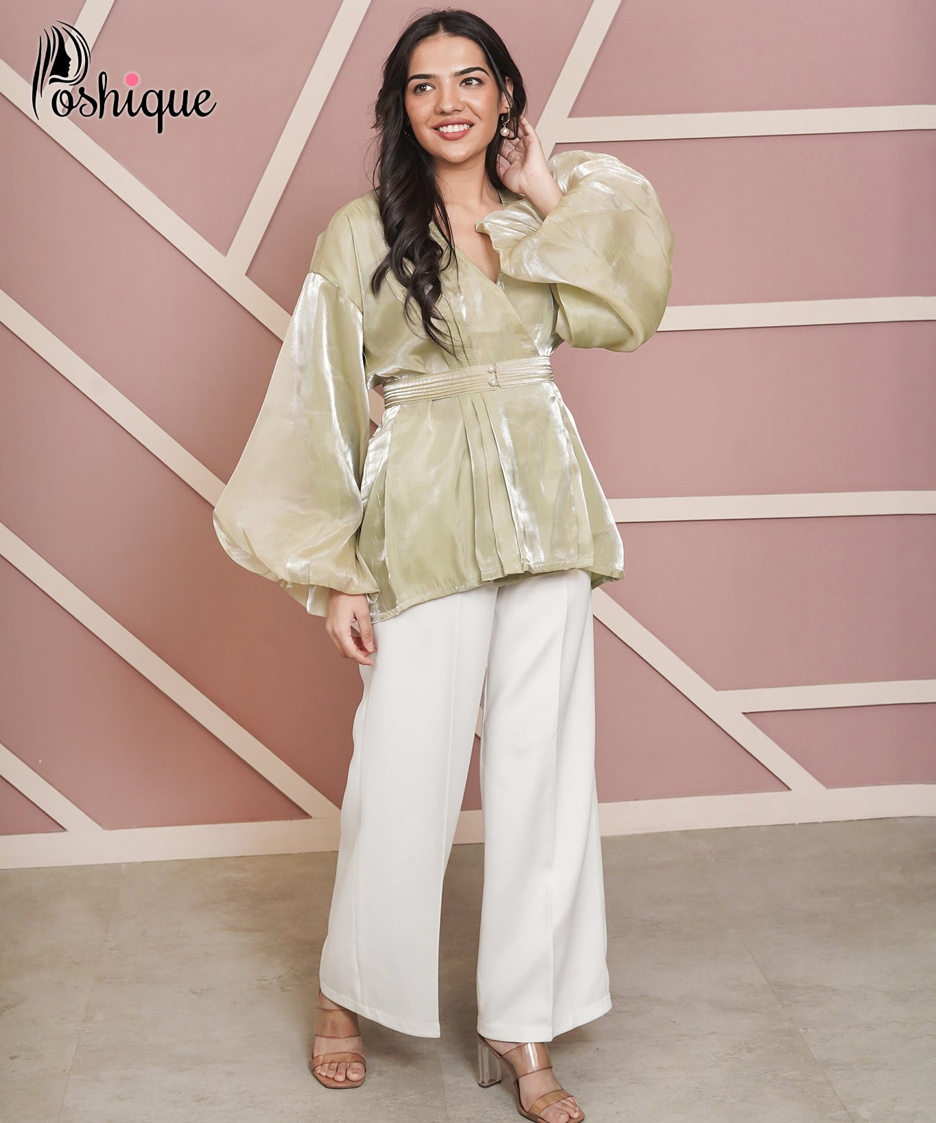 Poshique Metallic Olive Balloon Sleeve Wrap Top